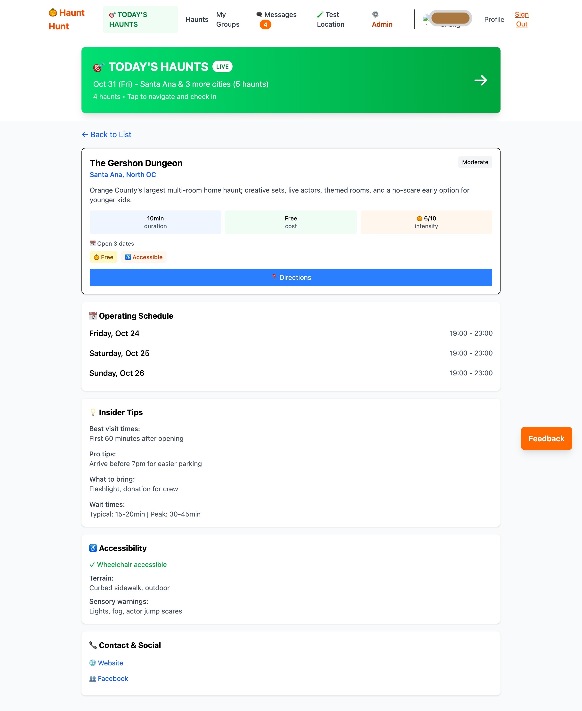 Detailed haunt information page