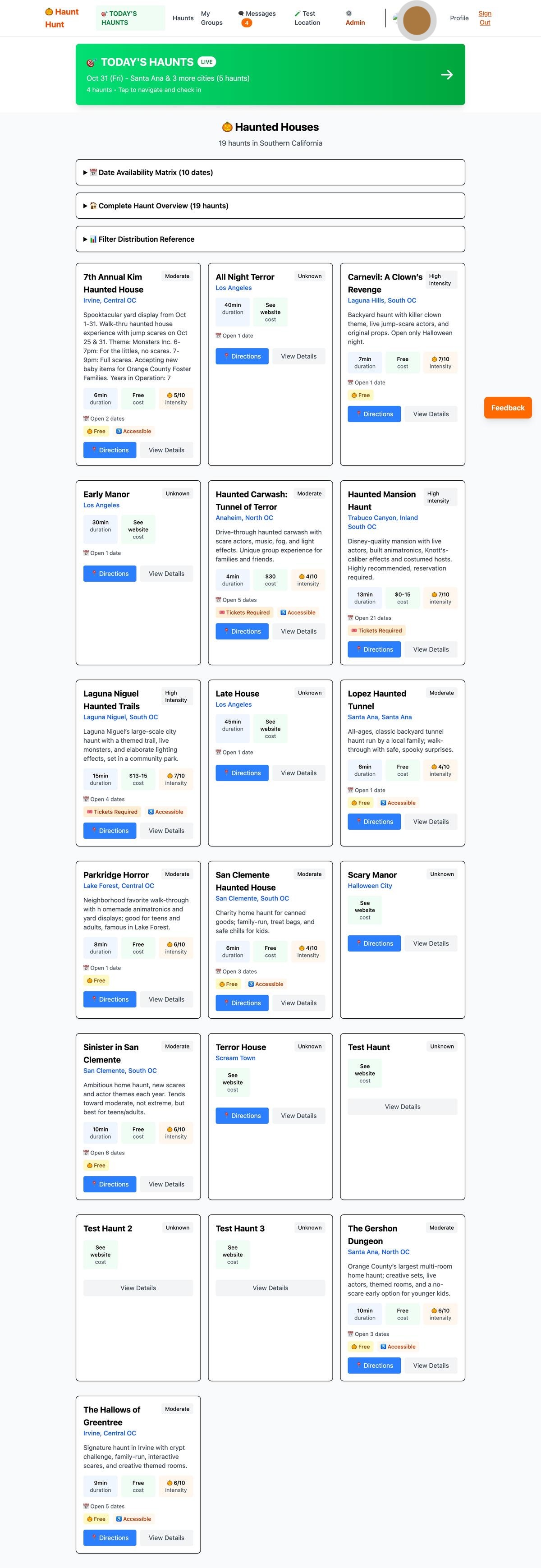 Haunts list view showing filterable list of haunted houses