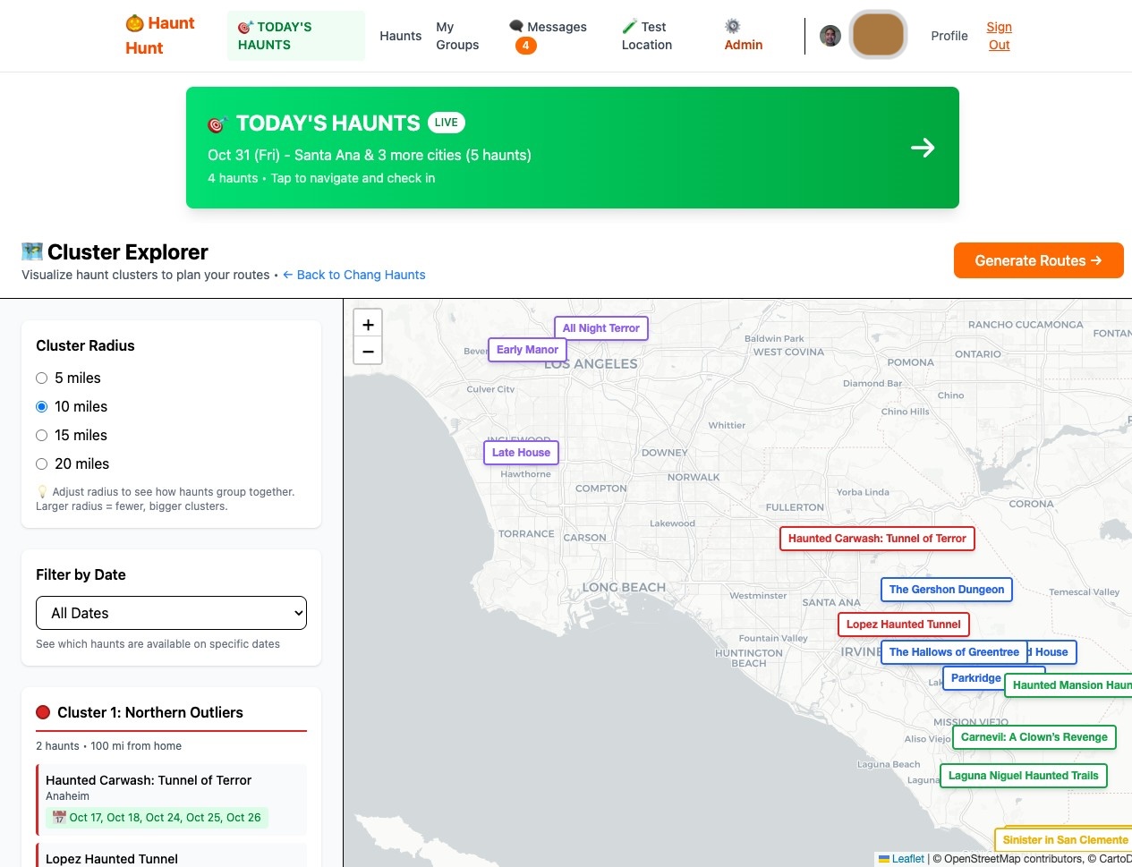 Explore Clusters map view showing haunt geographic distribution