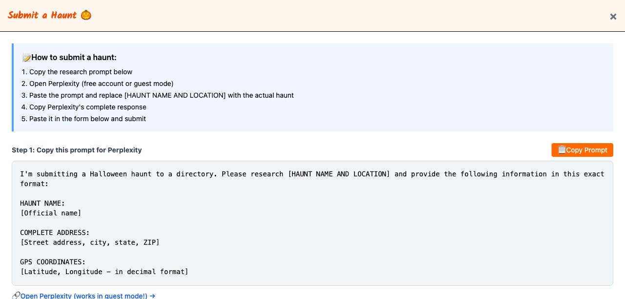 Haunt submission form with Perplexity integration