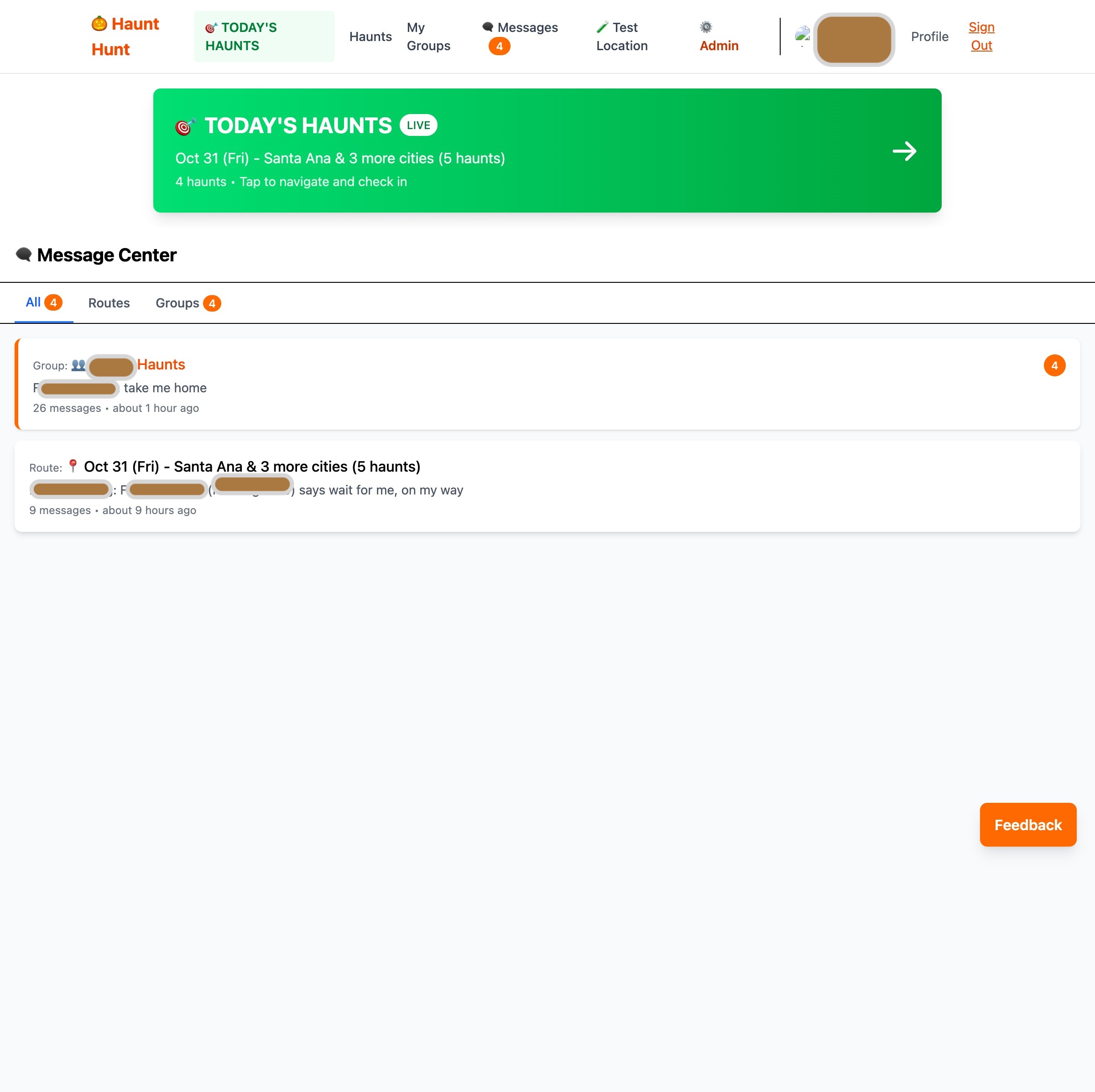 Message Center showing group and route conversations