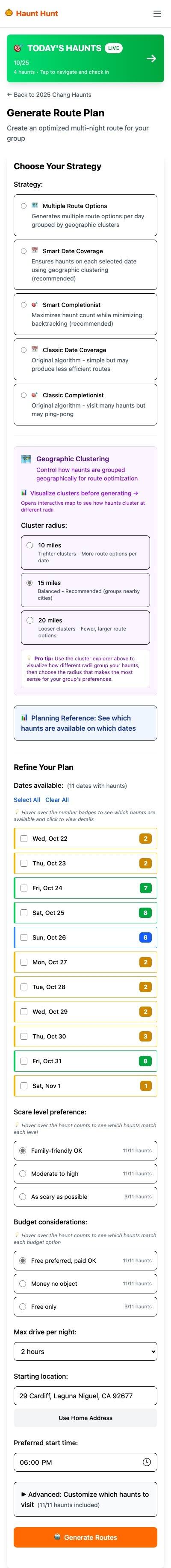 Route generation interface with strategy and filter options