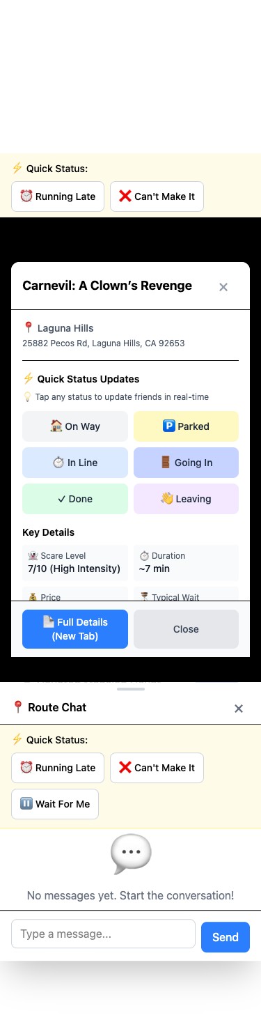 Expanded haunt details with check-in options on mobile